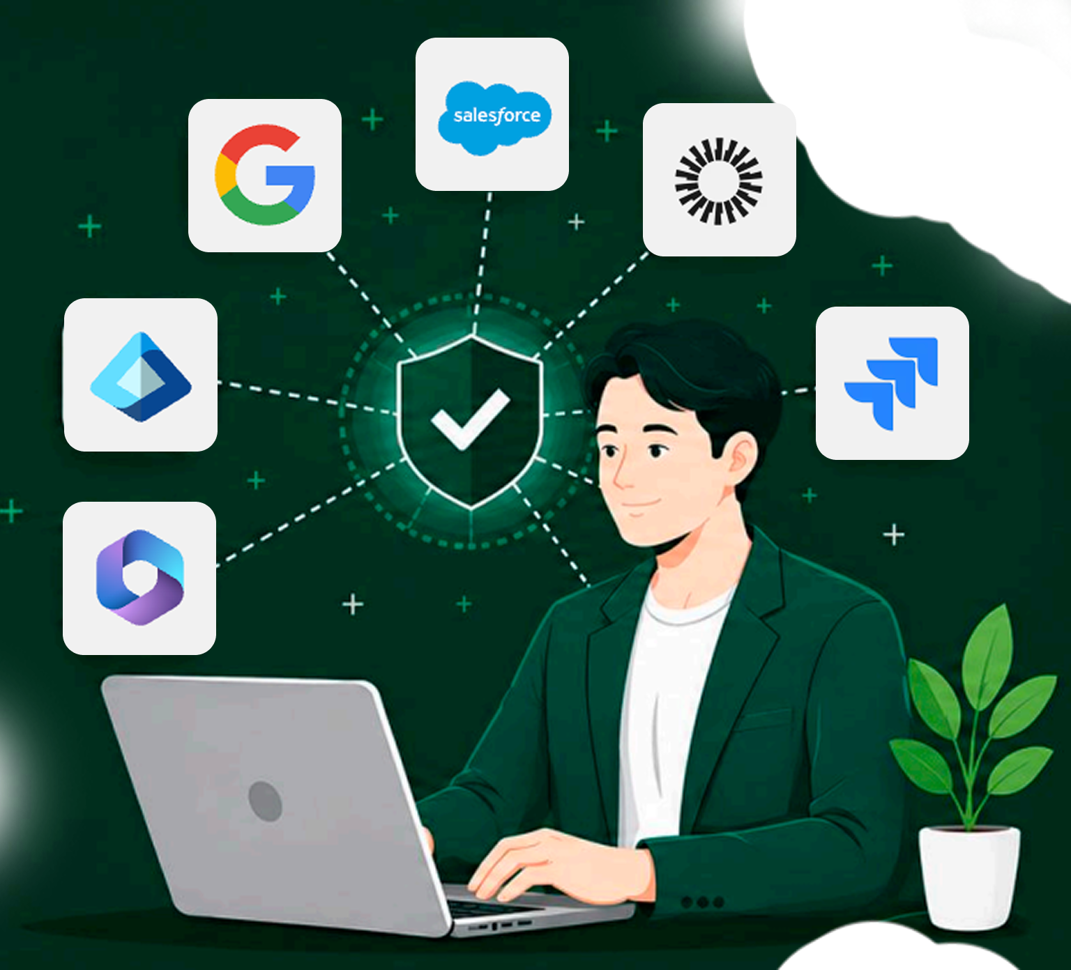 SaaSデータ保護をKeepitに任せることで安全に業務を継続できることを示すセキュリティイメージ